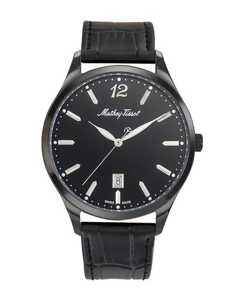 RONDA 515h6 Quarz-Herrenuhr aus schwarzem Leder, hergestellt in der Schweiz