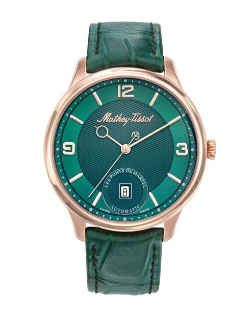 In der Schweiz hergestellte automatische Peseux P224H6 Herrenuhr aus grünem Leder
