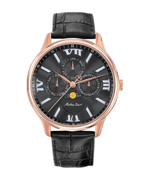 RONDA 706.3 Quarz-Herrenuhr aus schwarzem Leder, hergestellt in der Schweiz