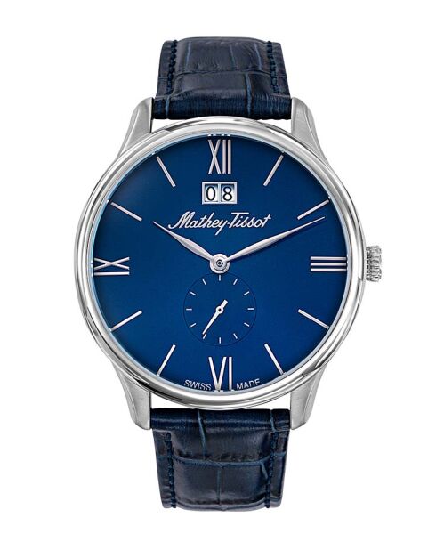 RONDA 6004B Quarz-Herrenuhr aus blauem Leder, hergestellt in der Schweiz