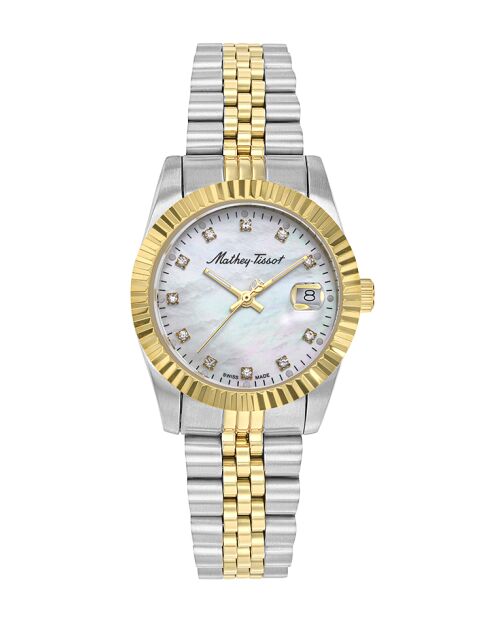 Ronda 585 H3 Quarzuhr für Damen, hergestellt in der Schweiz, zweifarbiger Silber-/Goldstahl