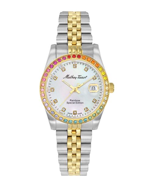 Ronda 585 H3 Quarzuhr für Damen, hergestellt in der Schweiz, zweifarbiger Silber-/Goldstahl