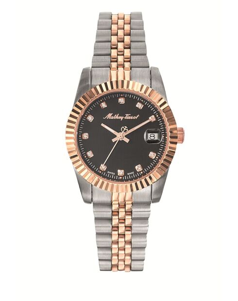 Ronda 585 H3 Quarzuhr für Damen, hergestellt in der Schweiz, aus zweifarbigem Silber-/Roségoldstahl