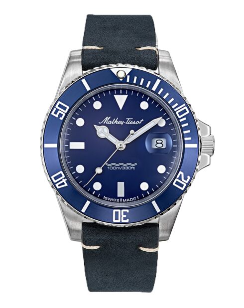 Ronda 505h3 Quarzuhr für Herren, hergestellt in der Schweiz, aus blauem Leder