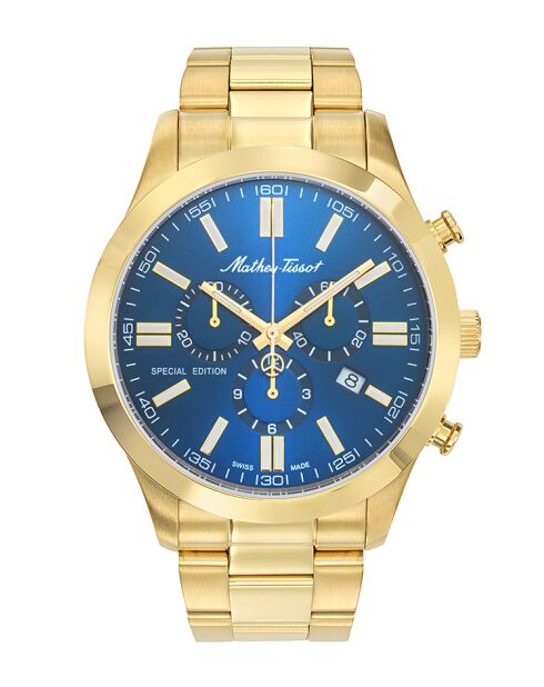 Ronda 5030D Chrono-Quarz-Herrenuhr aus goldfarbenem Stahl, hergestellt in der Schweiz