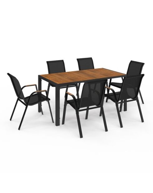 Set da pranzo Timbia 6 posti in vetro temperato nero e effetto legno