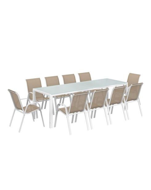 Ensemble repas Formentera 10 places acier beige verre trempé - 240 cm