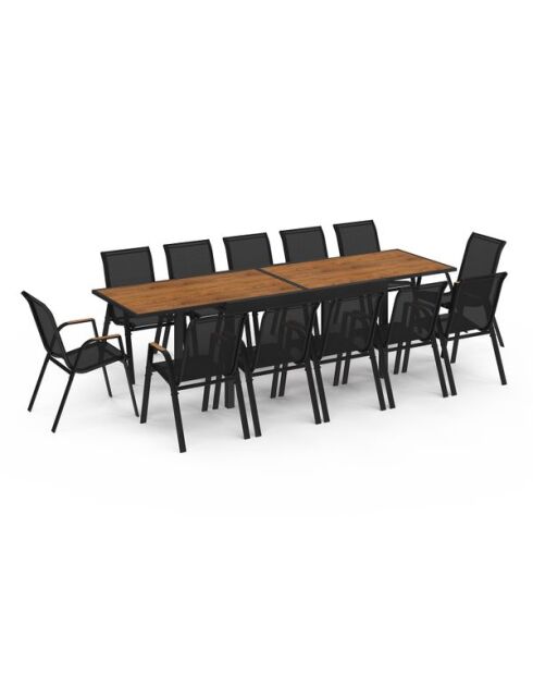Juego de comedor extensible Timbia de vidrio templado con efecto madera y 12 plazas, color negro y efecto madera, 135 x 80 x 73 cm