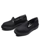 Zwarte pantoffels van mesh en kalfsleer