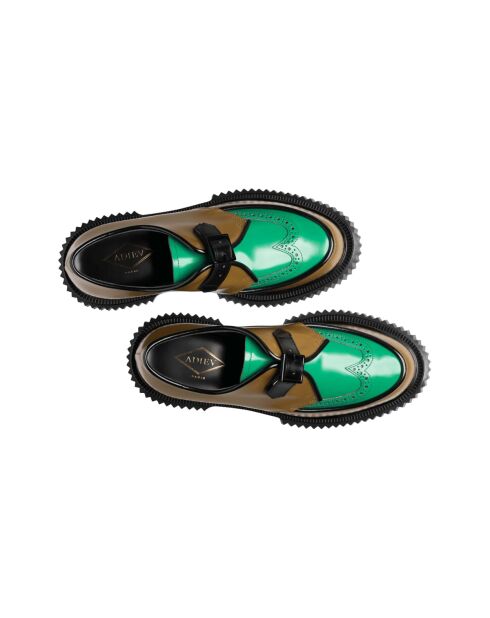 Derbies à boucle en cuir de veau moutarde/vert/noir