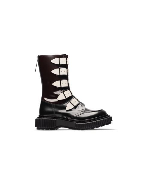 Bottes hautes à boucle en cuir noir/ivoire/bordeaux