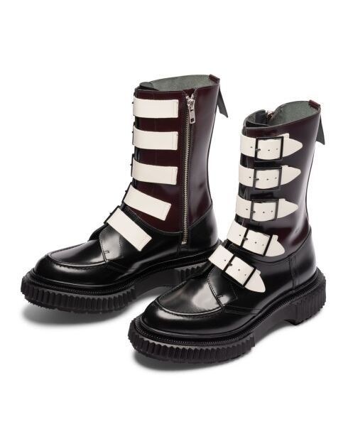 Bottes hautes à boucle en cuir noir/ivoire/bordeaux
