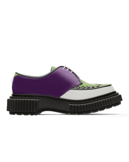 Paars/groen/ivoorkleurige derby's van kalfsleer en suède met veters