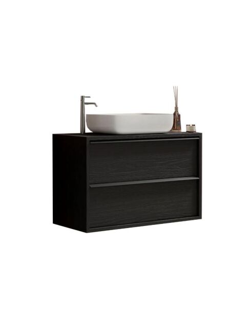 Syracuse - Meuble salle de bain suspendu Frêne Noir - 2 tiroirs + vasque à poser en céramique - 92x64x43 cm