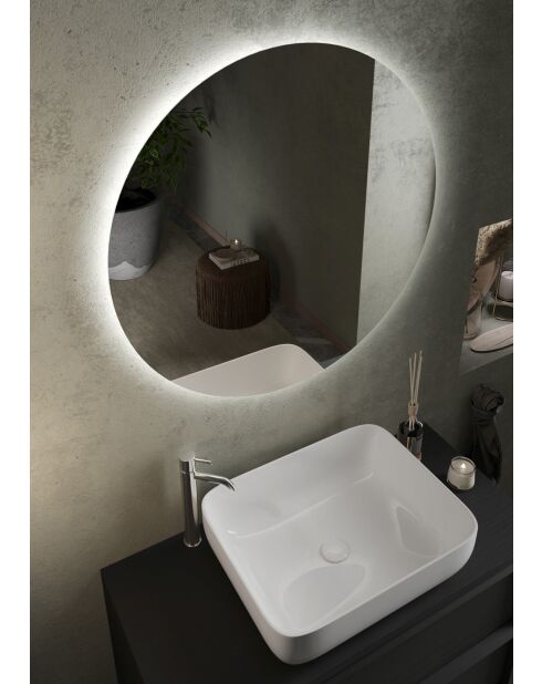 Syracuse - Meuble salle de bain suspendu Frêne Noir - 2 tiroirs + vasque à poser en céramique - 92x64x43 cm