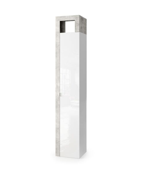 Ancona - Colonna portaoggetti da bagno 1 anta + 5 ripiani facciata laccata lucida bianca effetto cemento - 35x188x35 cm