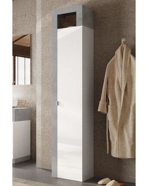 Ancona - Colonna portaoggetti da bagno 1 anta + 5 ripiani facciata laccata lucida bianca effetto cemento - 35x188x35 cm