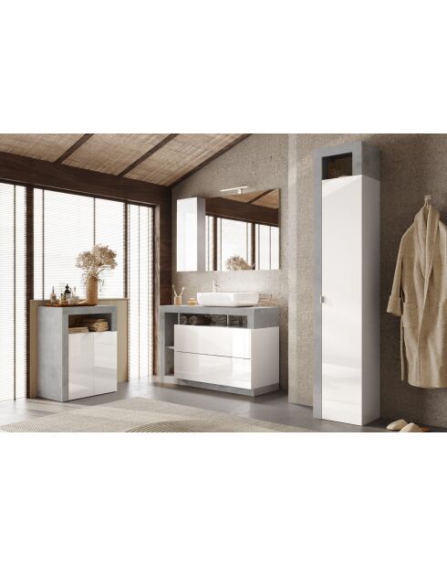 Ancona - Colonna portaoggetti da bagno 1 anta + 5 ripiani facciata laccata lucida bianca effetto cemento - 35x188x35 cm