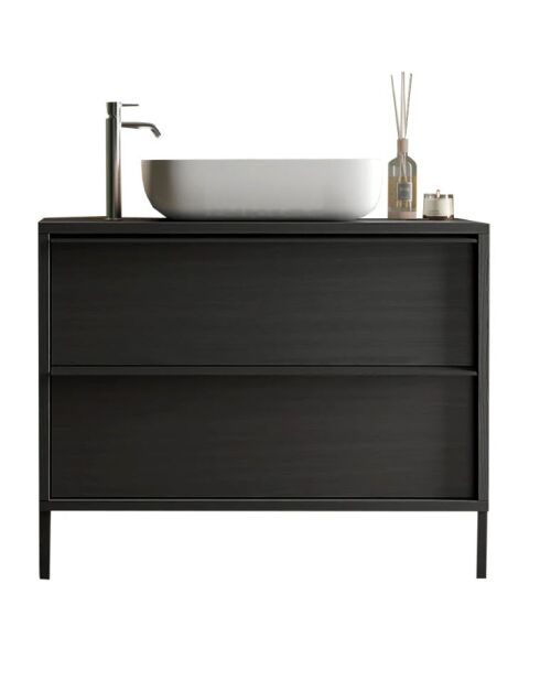 Syracuse - Meuble salle de bain sur pieds Frêne Noir - 2 tiroirs + vasque à poser en céramique - 79x78x43 cm