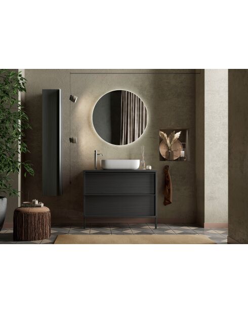Syracuse - Meuble salle de bain sur pieds Frêne Noir - 2 tiroirs + vasque à poser en céramique - 79x78x43 cm