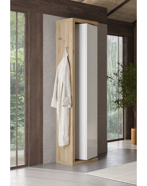 Ancona - Colonne de rangement salle de bain pivotant 1 porte + 5 étagères chêne kadiz façade blanc laqué brillant - 45x185x40 cm