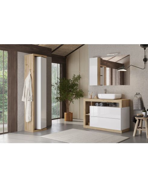 Ancona - Colonne de rangement salle de bain pivotant 1 porte + 5 étagères chêne kadiz façade blanc laqué brillant - 45x185x40 cm