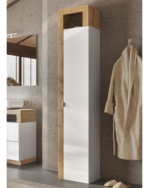 Ancona - Opbergkolom voor de badkamer 1 deur + 5 planken kadiz eiken cashemire glanzend gelakte gevel - 35x188x35 cm