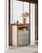 Ancona - Meuble de rangement salle de bain 3 tiroirs chêne kadiz façade cashemire laqué brillant - 64x78x35 cm