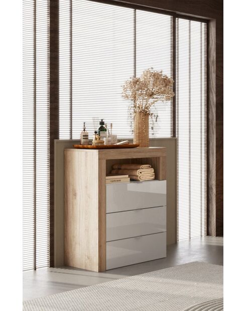 Ancona - Meuble de rangement salle de bain 3 tiroirs chêne kadiz façade cashemire laqué brillant - 64x78x35 cm