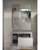 Ancona - Set de Meuble d'entrée Béton et façade tiroir Blanc Brillant - comprenant 3 pieces : Meuble a chaussure + Miroir + porte manteau - 90,5x170x36 cm