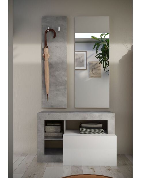 Ancona - Set de Meuble d'entrée Béton et façade tiroir Blanc Brillant - comprenant 3 pieces : Meuble a chaussure + Miroir + porte manteau - 90,5x170x36 cm