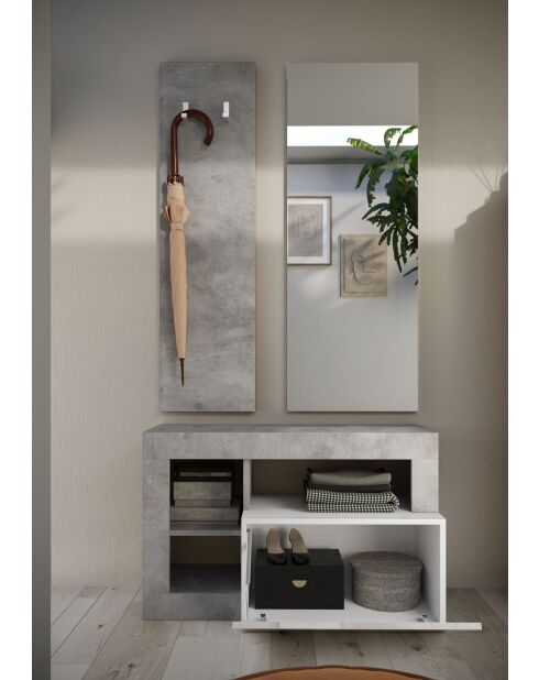 Ancona - Set de Meuble d'entrée Béton et façade tiroir Blanc Brillant - comprenant 3 pieces : Meuble a chaussure + Miroir + porte manteau - 90,5x170x36 cm