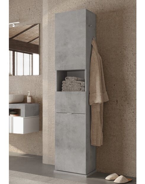 Ancona - Colonne de rangement salle de bain pivotant 2 portes +1 niche effet béton - 35x180x35 cm