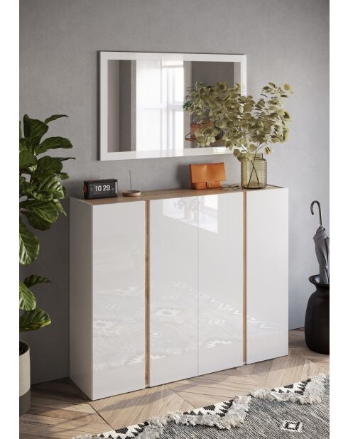 Ferrara - 2-deurs opbergmeubel met 10 verstelbare planken in glanzend gelakt wit en kadiz-eik - 140x111x35 cm