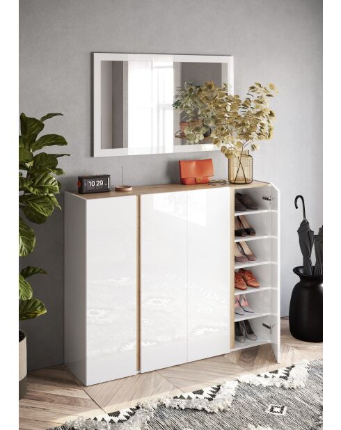 Ferrara - 2-deurs opbergmeubel met 10 verstelbare planken in glanzend gelakt wit en kadiz-eik - 140x111x35 cm