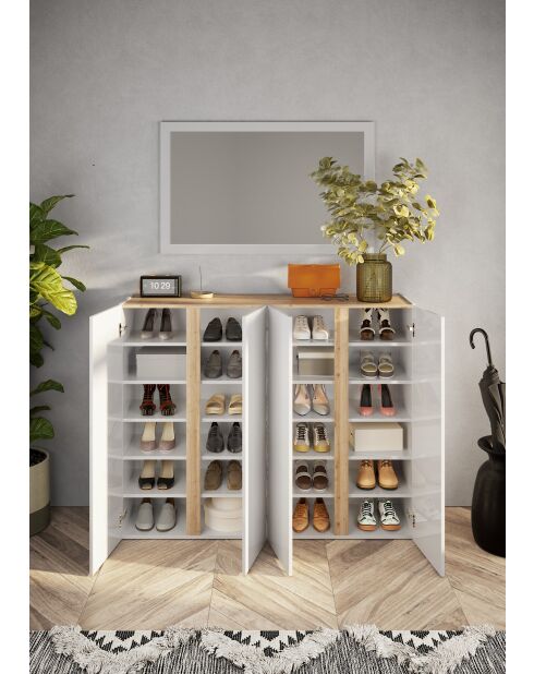 Ferrara - 2-deurs opbergmeubel met 10 verstelbare planken in glanzend gelakt wit en kadiz-eik - 140x111x35 cm