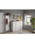 Ferrara - Contenitore a 2 ante con 10 ripiani regolabili in bianco laccato lucido e rovere kadiz - 140x111x35 cm