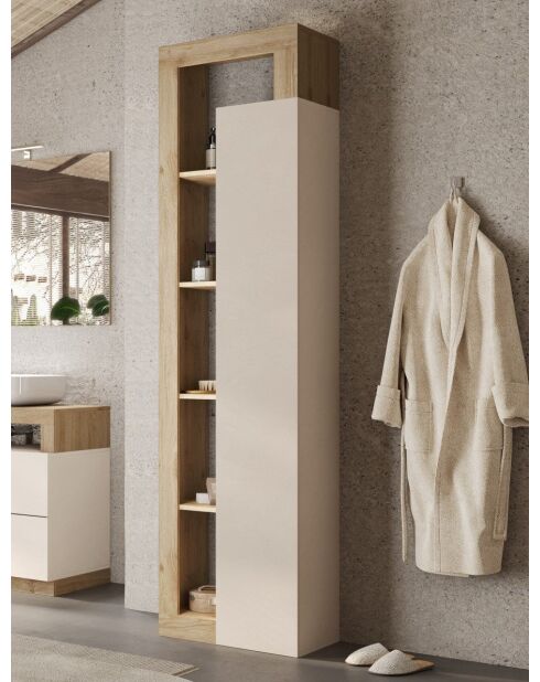 Ancona - Colonna portaoggetti da bagno 1 anta + 4 ripiani facciata laccata lucida in rovere kadiz cachemire - 50x189x33 cm