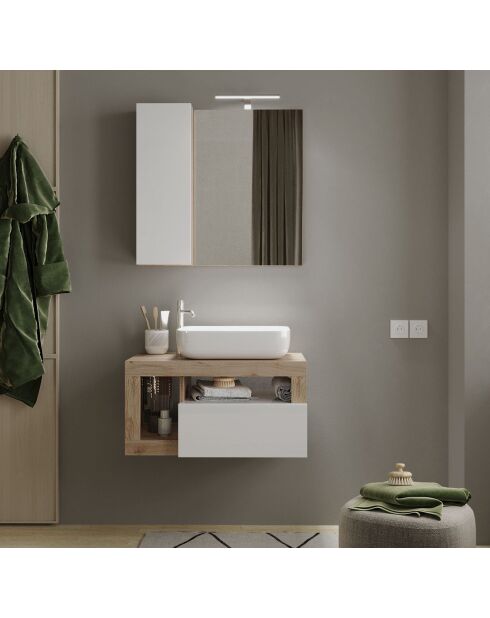 Ancona - Hangend badkamermeubel in kadiz-eik en glanzend gelakt kasjmier - 1 lade + 2 nissen + wastafel op het aanrecht - 79x47x49 cm