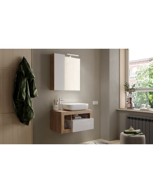 Ancona - Hangend badkamermeubel in kadiz-eik en glanzend gelakt kasjmier - 1 lade + 2 nissen + wastafel op het aanrecht - 79x47x49 cm