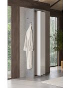 Ancona, schwenkbare Badezimmersäule mit 1 Tür, 5 Ablagen, Betoneffekt, glänzend weiß lackierte Fassade, 45 x 185 x 40 cm