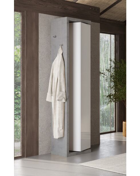 Ancona, schwenkbare Badezimmersäule mit 1 Tür, 5 Ablagen, Betoneffekt, glänzend weiß lackierte Fassade, 45 x 185 x 40 cm