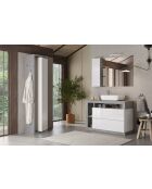 Ancona, schwenkbare Badezimmersäule mit 1 Tür, 5 Ablagen, Betoneffekt, glänzend weiß lackierte Fassade, 45 x 185 x 40 cm