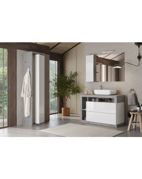 Ancona, schwenkbare Badezimmersäule mit 1 Tür, 5 Ablagen, Betoneffekt, glänzend weiß lackierte Fassade, 45 x 185 x 40 cm