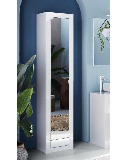 Bari - Colonne de rangement salle de bain 1 porte Miroir + 5 étagères blanc laqué brillant - 40x195x35 cm