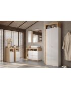 Ancona - Meuble de rangement salle de bain 1 porte chêne kadiz façade blanc laqué brillant - 35x78x35 cm