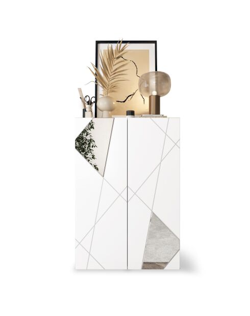 Villarica - Unidad de almacenamiento alta con 2 puertas, serigrafía lacada en blanco brillante y espejo, 4 estantes, 78 x 115,5 x 36 cm