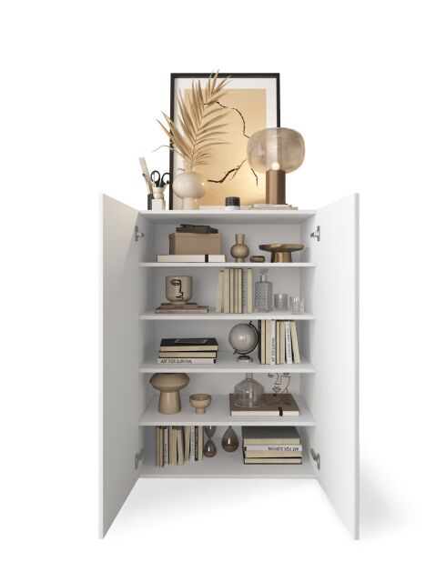 Villarica - Unidad de almacenamiento alta con 2 puertas, serigrafía lacada en blanco brillante y espejo, 4 estantes, 78 x 115,5 x 36 cm