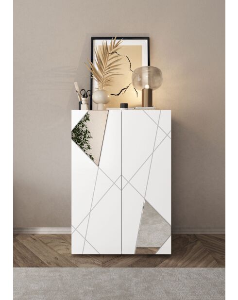 Villarica - Unidad de almacenamiento alta con 2 puertas, serigrafía lacada en blanco brillante y espejo, 4 estantes, 78 x 115,5 x 36 cm