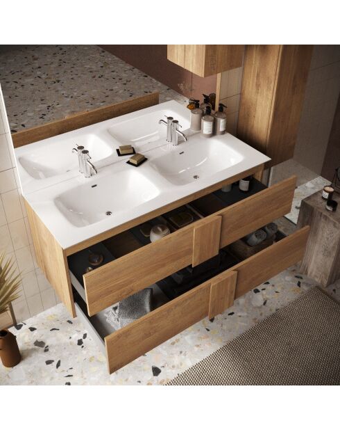 Jessie - Mercure eikenhouten hangbadkamermeubel - 2 laden + dubbele geïntegreerde keramische wastafel - 122x53x47 cm